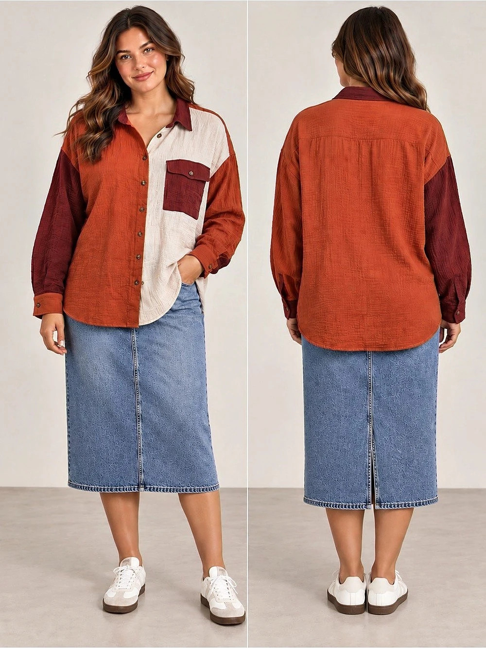NWT She+Sky Color Block Button Down Orange & White XL Fall Pumpkin Oversized